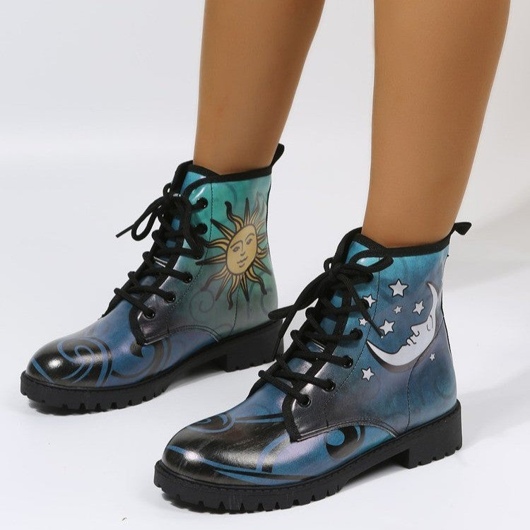 Women's sun moon printed lace-up booties vintage low heels combat boots high cut