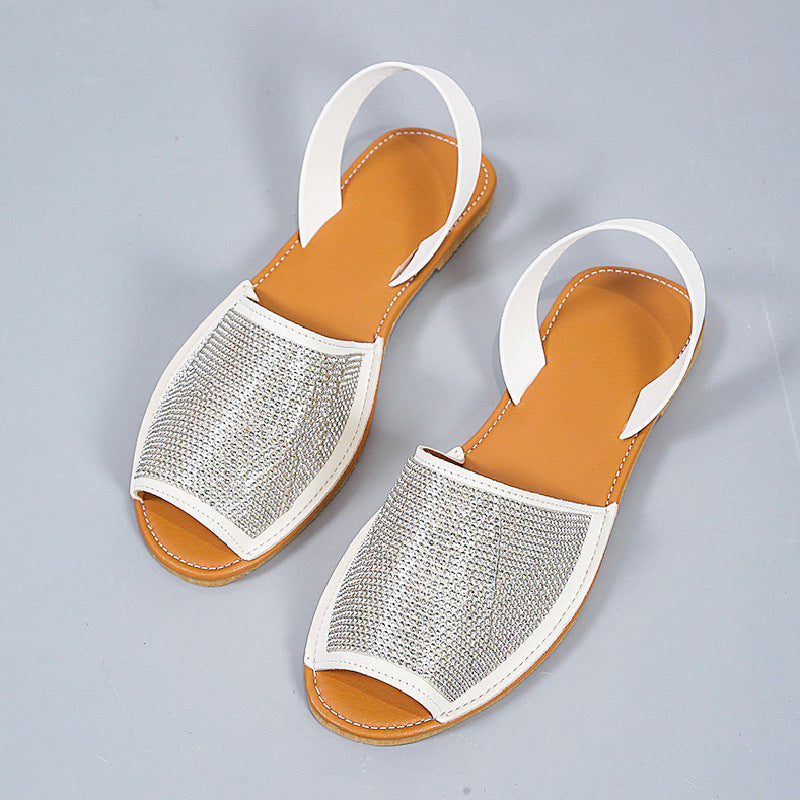 Women's rhinestone flat peep toe back strap sandals summer casual sandals