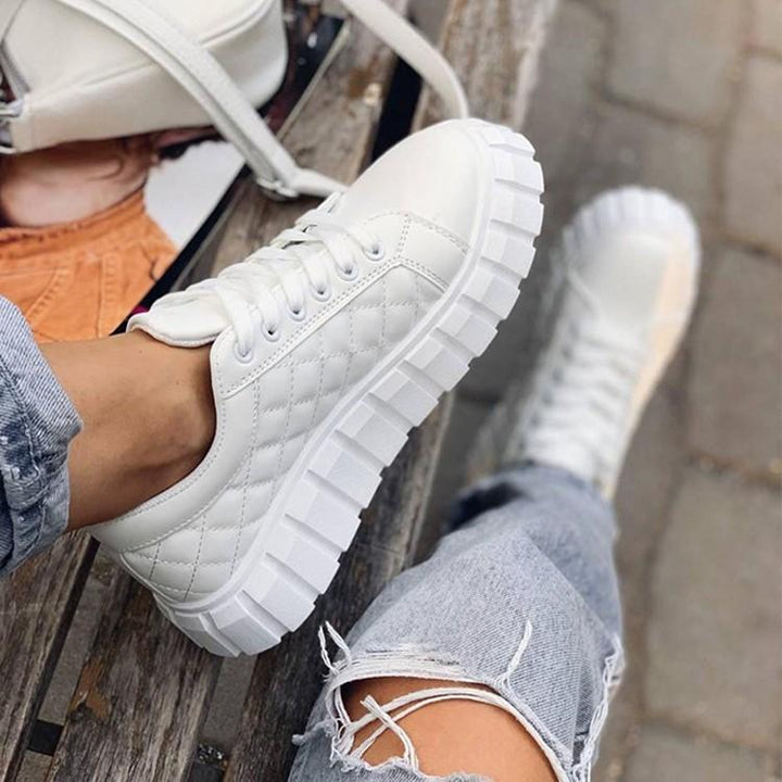 Women's white thick platform lace-up sneakers casual shoes