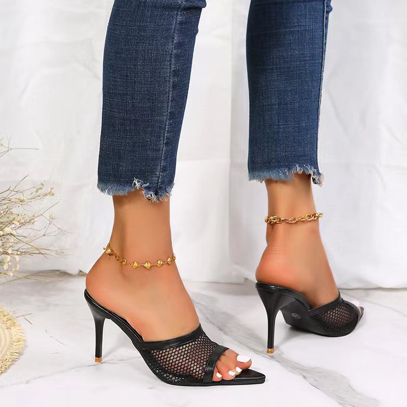 Women's mesh hollow peep toe stiletto heels backless slip on mules