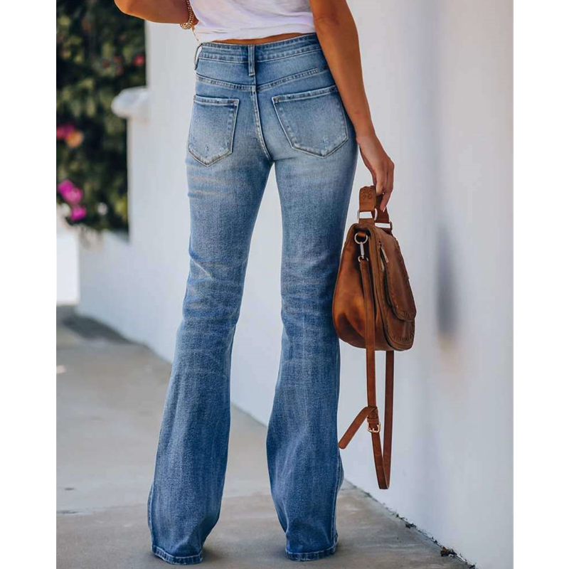 Women's blue light wash bootcut jeans high waist flare bottom jeans