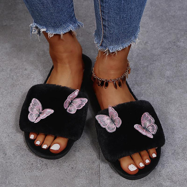 Women's cute butterfly faux fur slippers winter indoor shoes
