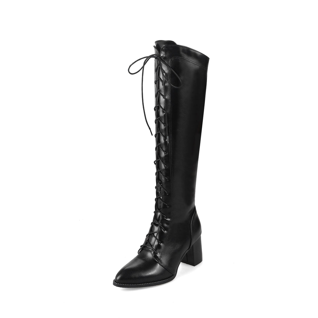 Pointed toe lace-up block heel knee high boots for women