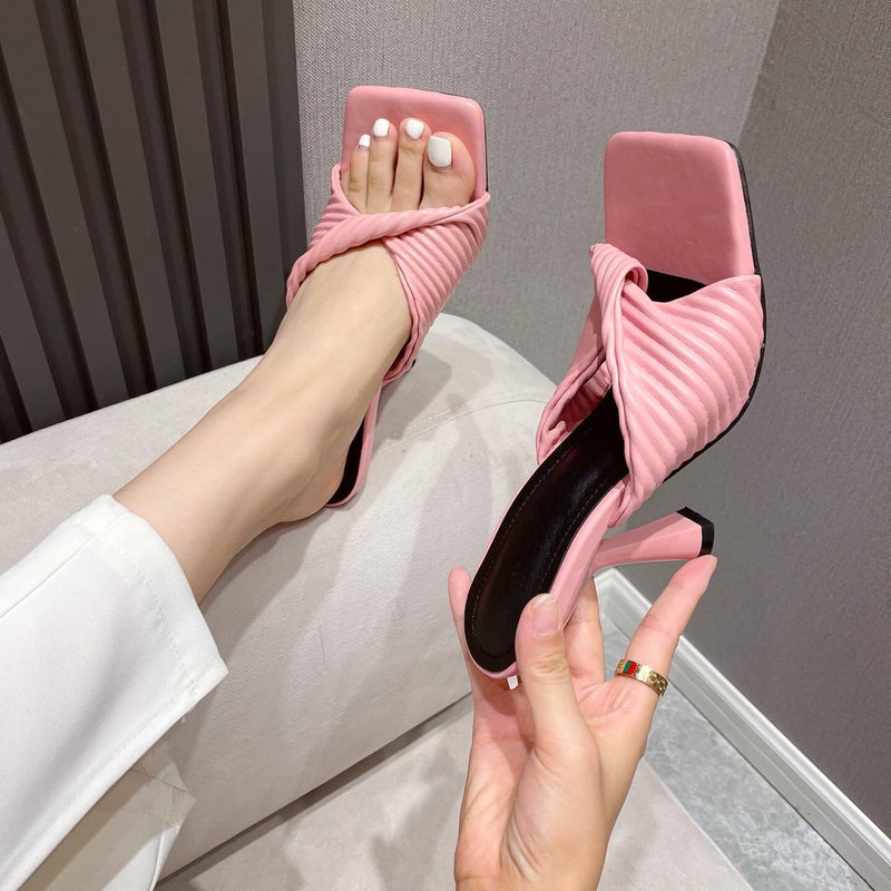 Fashion twisted arch support square open toe stiletto high heels slides