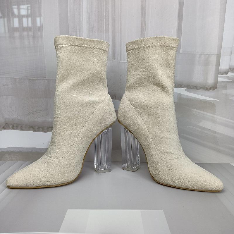 Sexy clear high heels faux suede booties