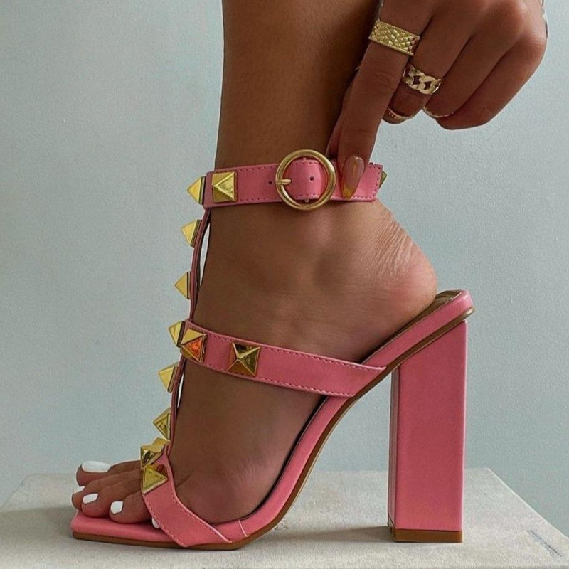 Women's studded T-strap open toe chunky high heels sandals