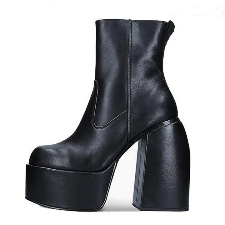 Black slim fit platform chunky high heel short boots for women