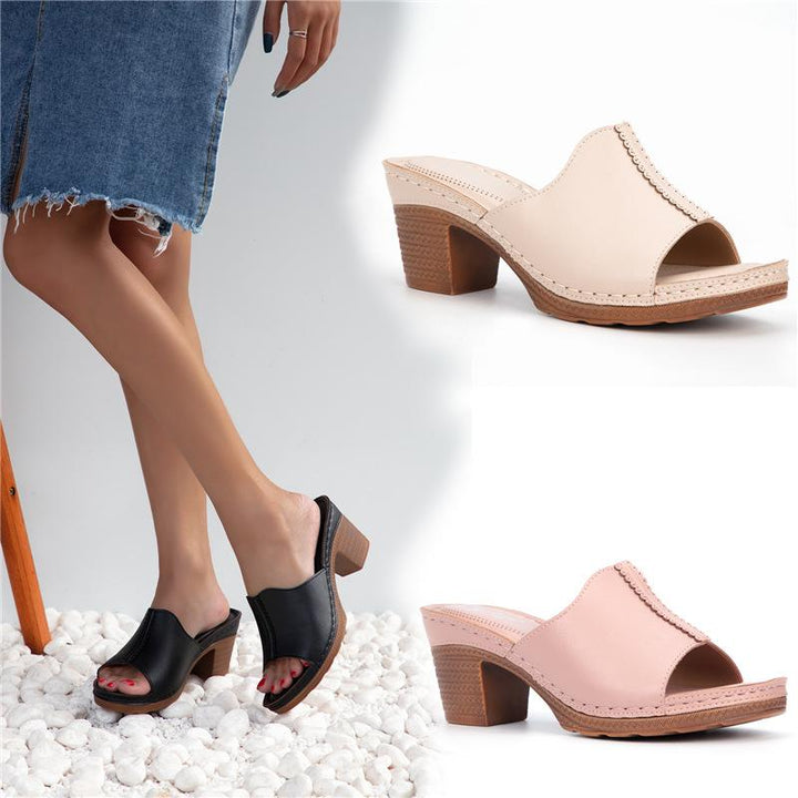 Women's chunky block heel peep toe mules sandals