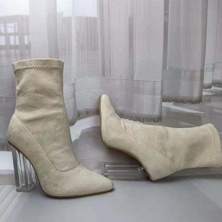 Sexy clear high heels faux suede booties