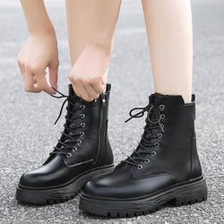 Women chunky low heel side zipper platform front lace ankle combat boots