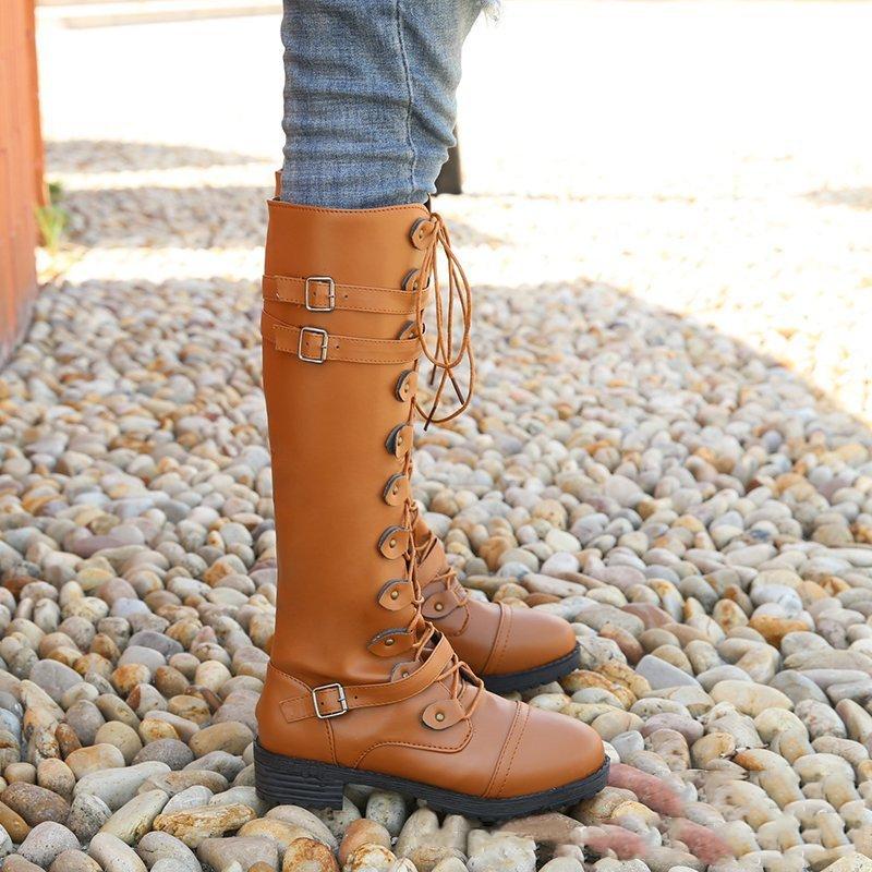 Women's buckle strap front lace-up knee high riding boots