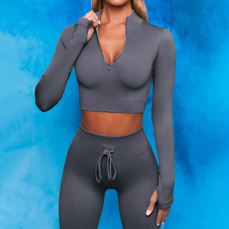 Women's rib-knit half zip long sleeves cropped tops and leggings 2 pieces fitness sports suits