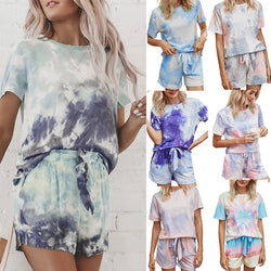 Women's summer tie dye short sleeves 2 pieces pajamas sets lounge suits