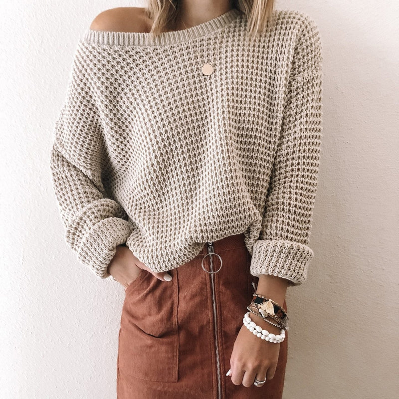 Women off shoulder solid long sleeves sweater