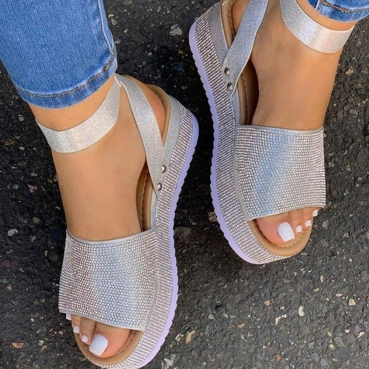 Women's rhinestone buckle strap peep toe platform sandals