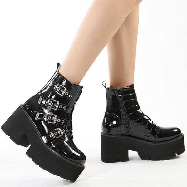 Women's black punk gothic chunky platform booties square heels buckle strap biker boots