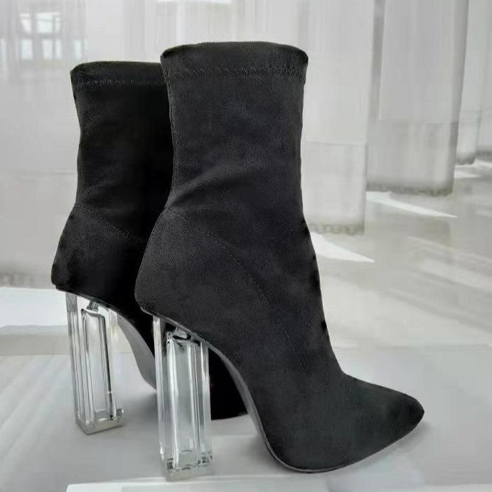 Sexy clear high heels faux suede booties