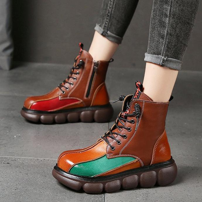 Women's multicolor patchwork lace-up martin boots