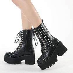 Women's studded chunky platform steampunk combat boots | Black lace-up mid calf martin boots