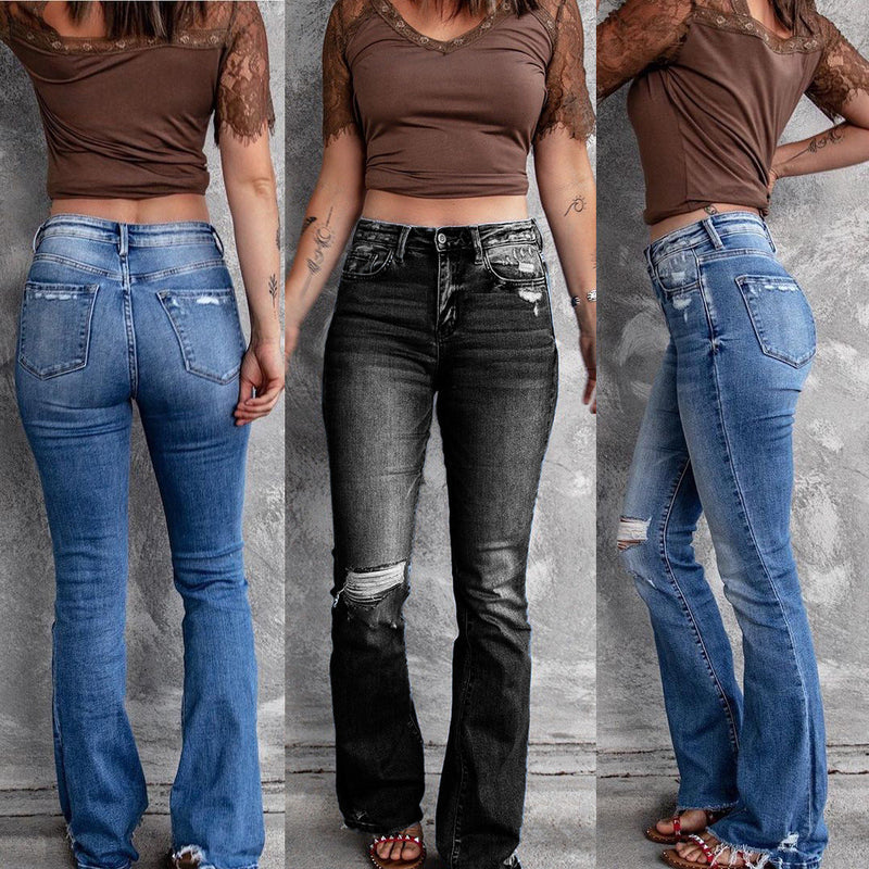 Women's ripped bootcut jeans light wash bell bottom jeans