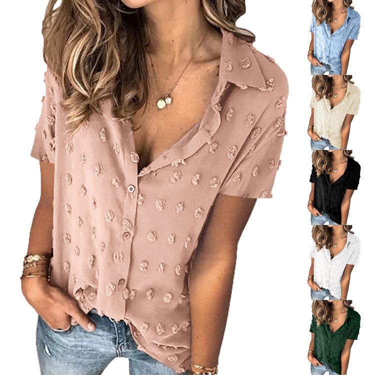 Women's stand collar button-down short sleeves t-shirts