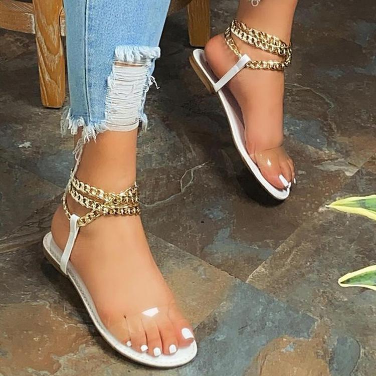 Women's peep metal chain ankle strap sandals