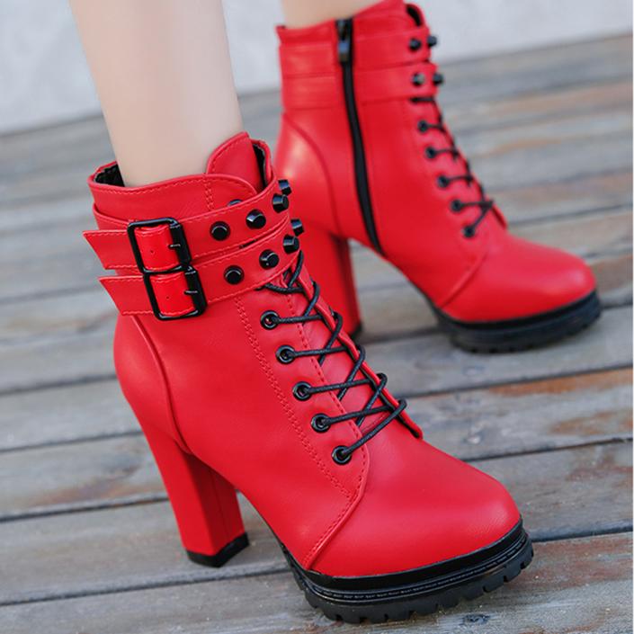 Women's chunky high heel buckle strap combat boots