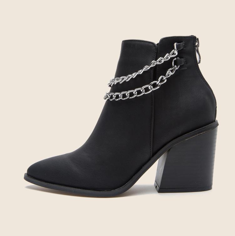 Women's stacked block heel pointed toe ankle booties with metal chains