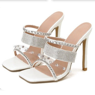 Sexy rhinestone studded stiletto heels square peep toe stappy backless heels