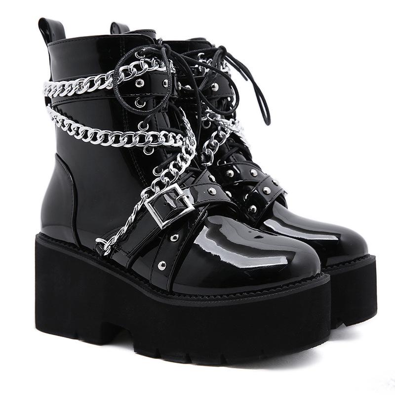 Women black punk metal chains thick platform chunky booties