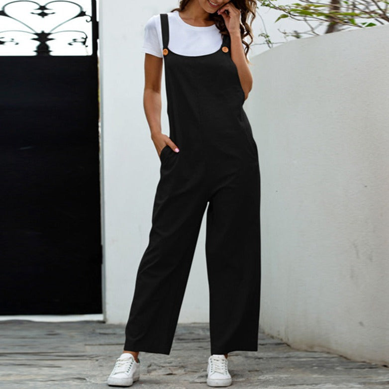 Women's summer vintage overalls with pockets baggy loose linen rompers jumpsuits