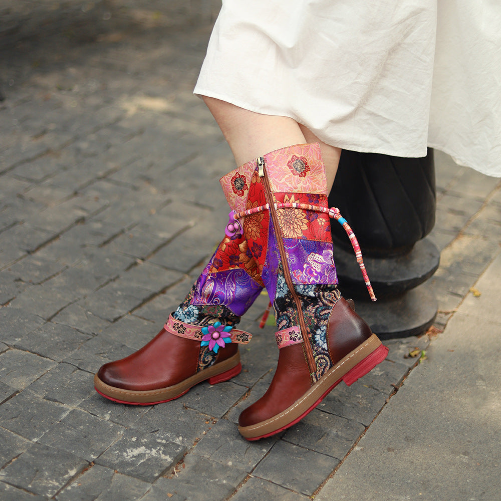 Women's ethnic red flower embroidery tassels knee high boots