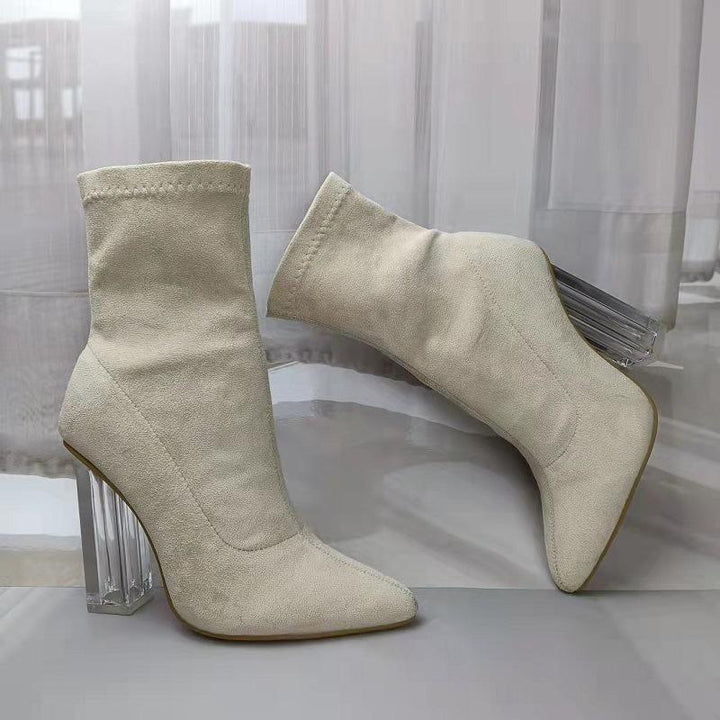 Sexy clear high heels faux suede booties