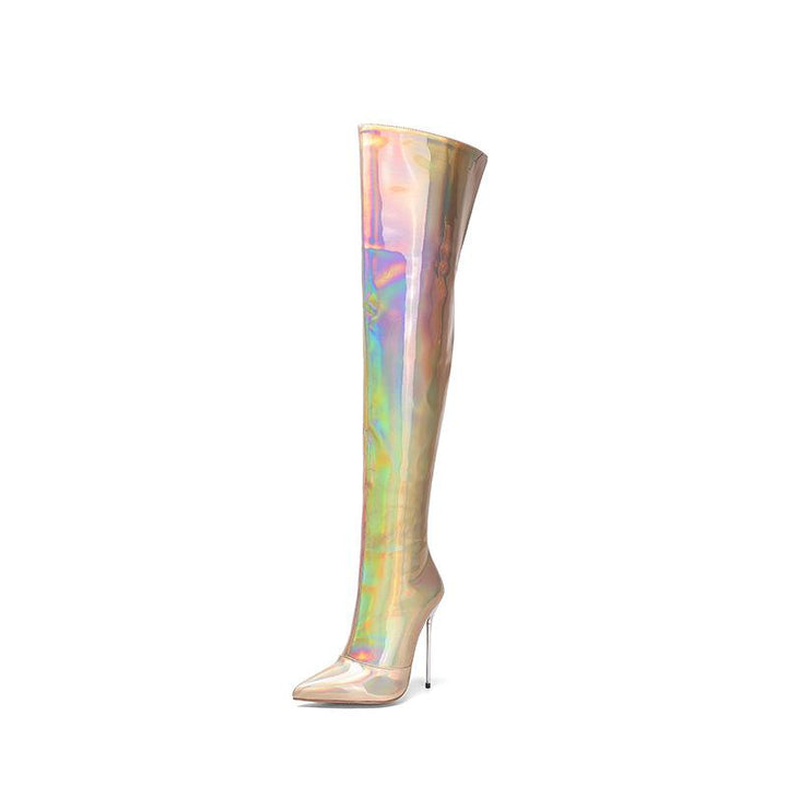 Women's sexy shining metal mirror stiletto thigh high boots for party & nightclub