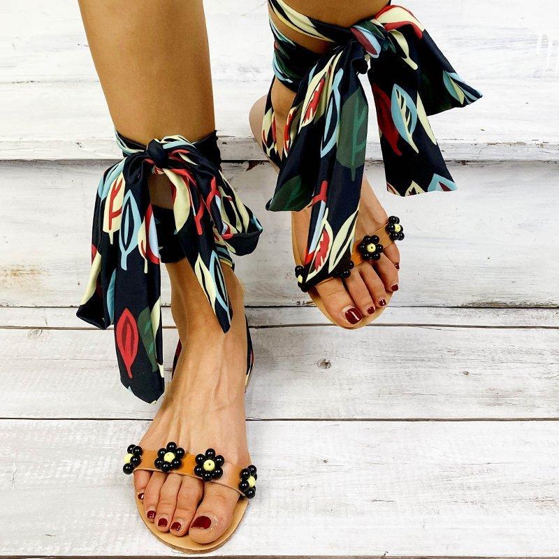 Women's boho ankle tie up bowknot flat sandals