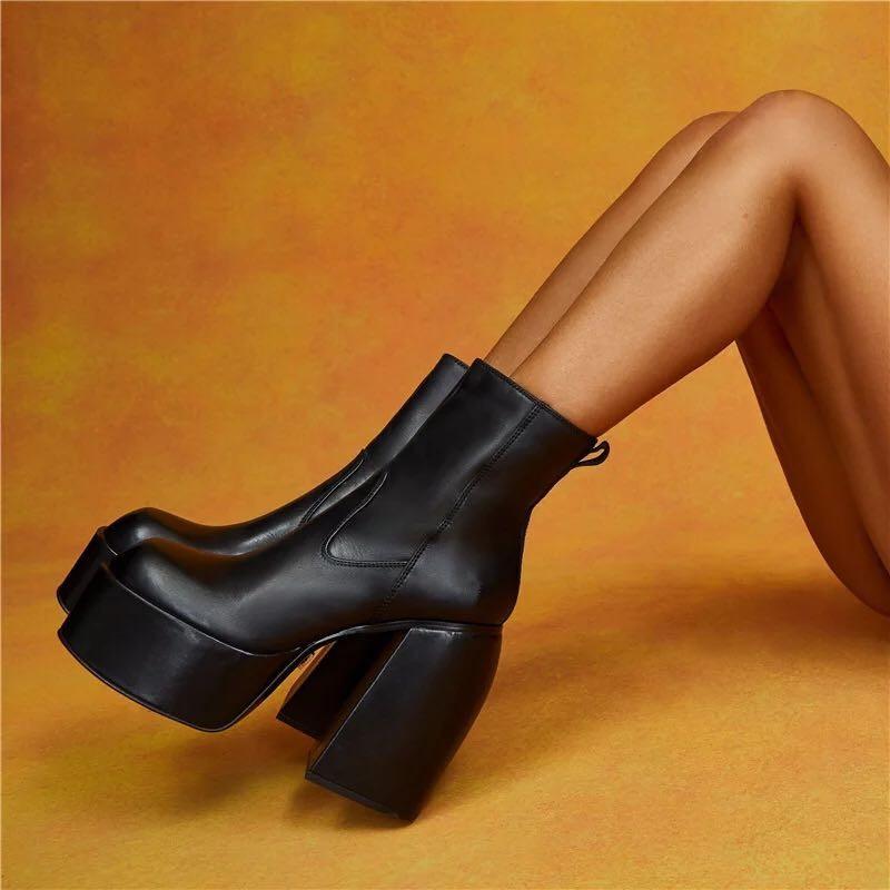 Black slim fit platform chunky high heel short boots for women