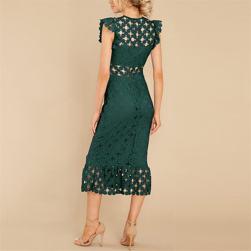 Women's sweet french style sleevesless lace midi dress | Spring summer party dress
