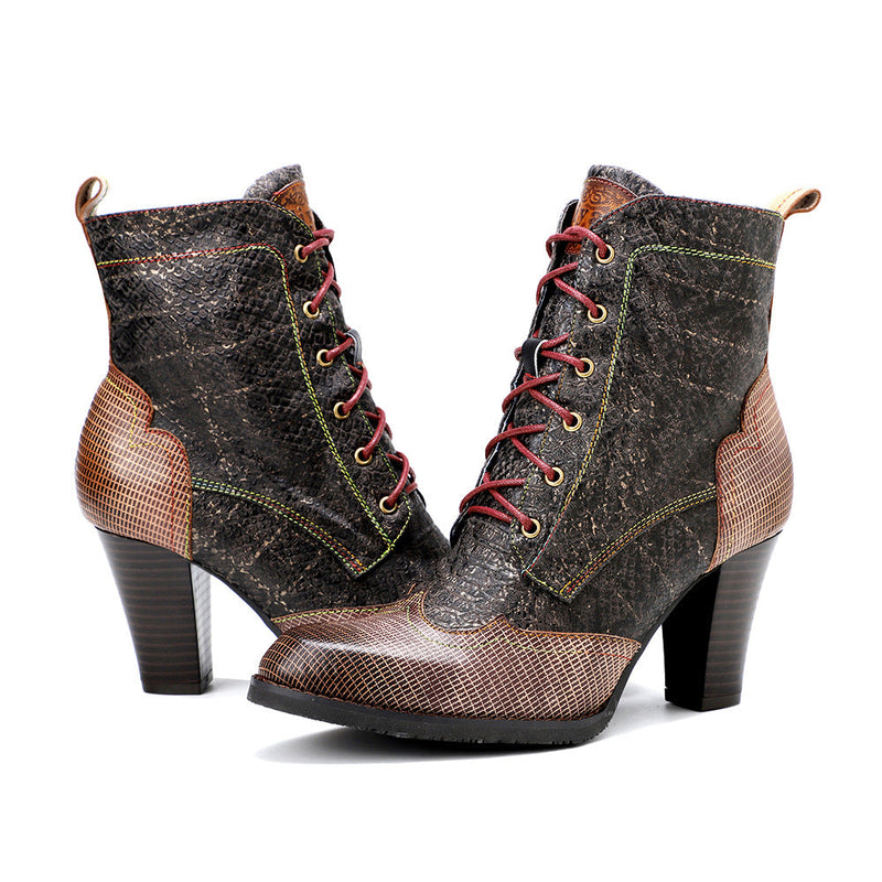 Women's coffee chunky high heel lace-up mid calf boots vintage patchwork western boots
