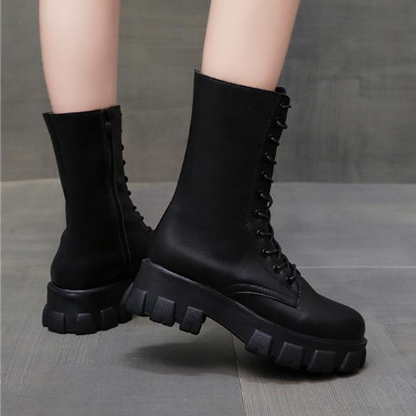Women's chunky thick platform lace-up mid calf combat boots