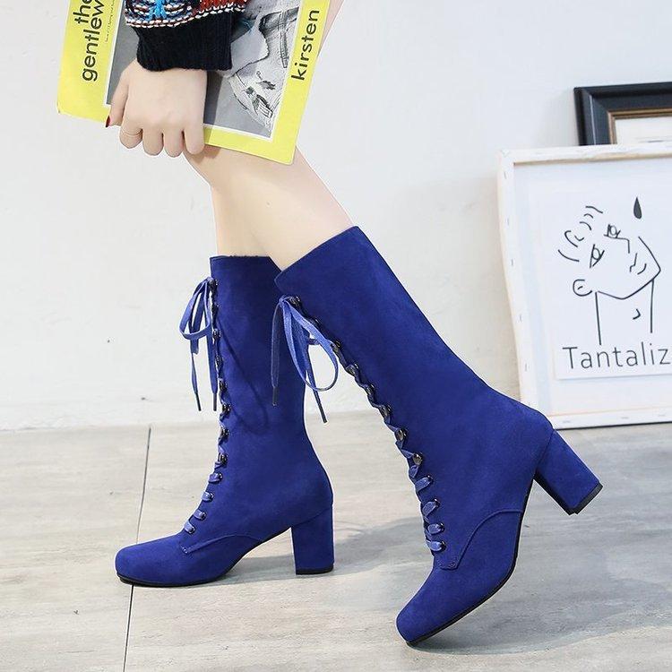 Faux suede lace-up chunky high heel tall boots for women