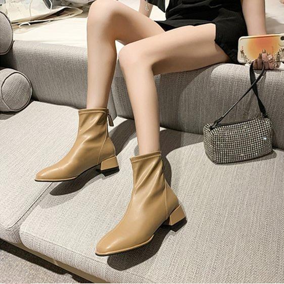 Women's elegant square toe block heel ankle booties with back zipper