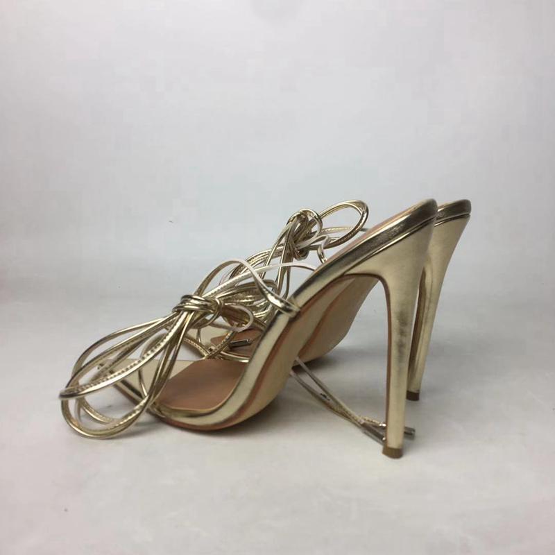 Women's gold peep toe ankle tie-up stiletto high heels