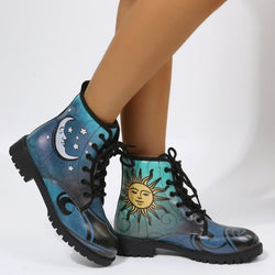 Women's sun moon printed lace-up booties vintage low heels combat boots high cut