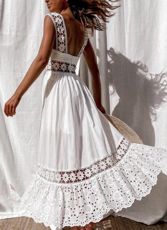 Boho white lace panel sleevesless long dress | Summer large swing dress