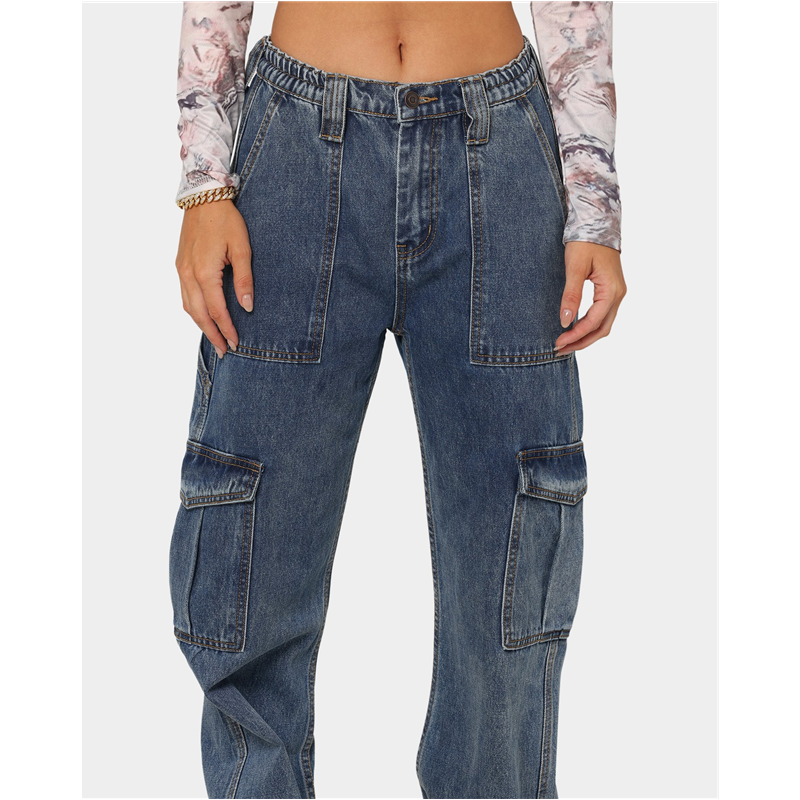 Women high-waisted baggy cargo jeans loose wide-leg jeans with multiple pockets