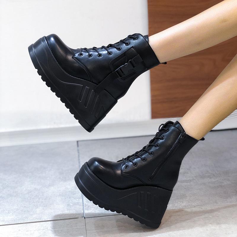 Women's steampunk black chunky thick platform lace-up ankle booties