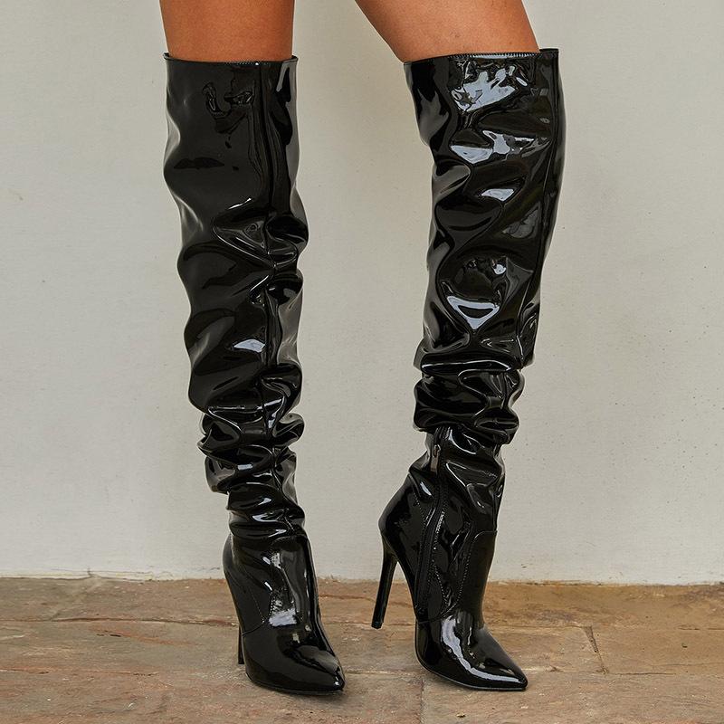 Women bling black slouch zipper stiletto high heel over the knee boots