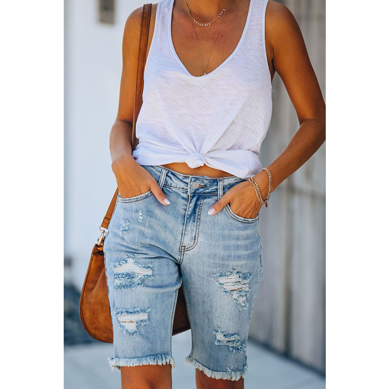 Women's summer ripped distressed half jeans mid rise denim shorts