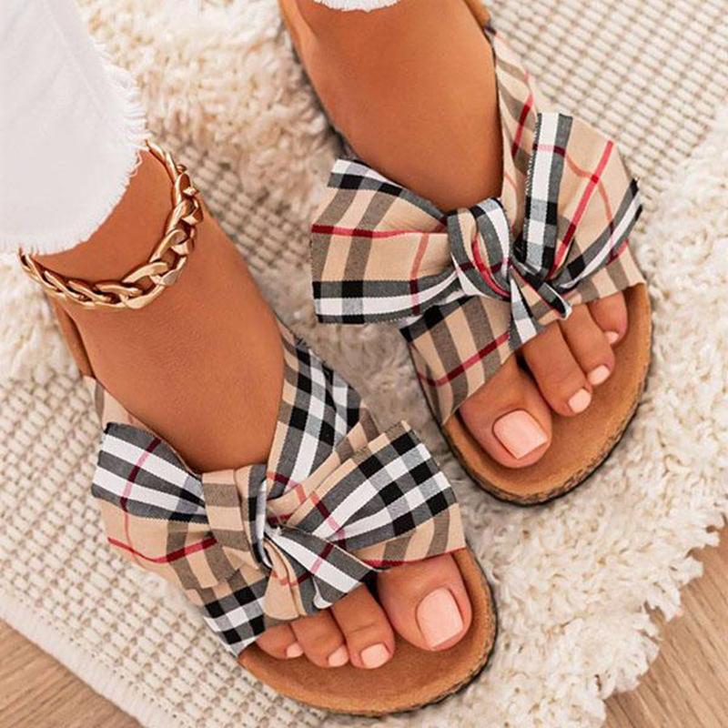 Women's cute plaid bow slide sandals