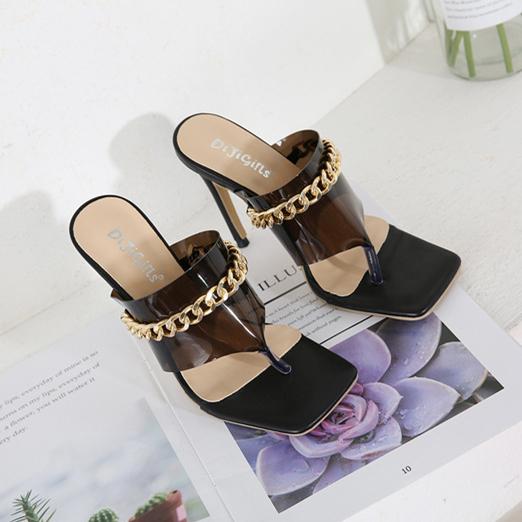 Women's jelly clear metal chain decor clip toe high heels slides